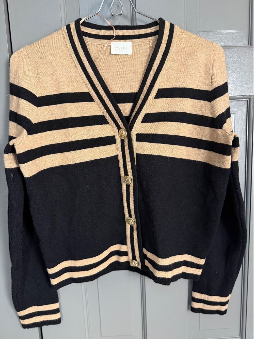 Cyrus Women's Contrast Black Beige Striped Cardigan with Gold Buttons Sz S